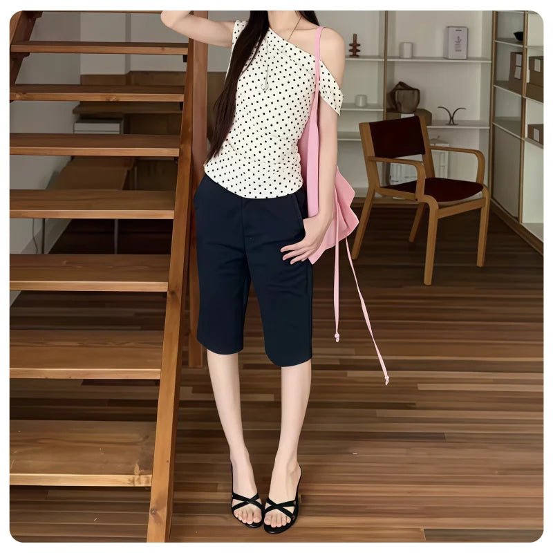 Summer Korean Style Retro Ivory Black Polka Dot Slim Fit Short-Sleeved Off-The-Shoulder T-Shirt