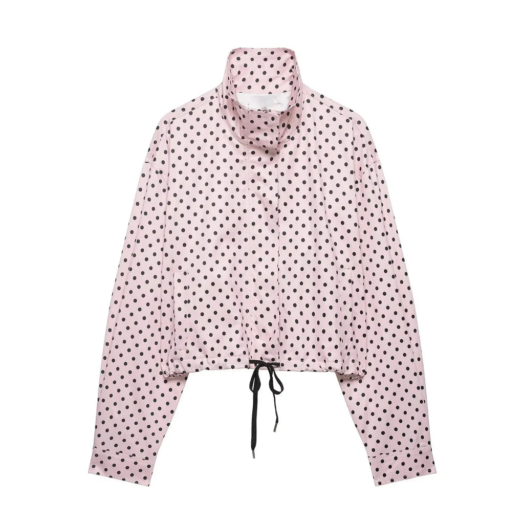 HH Fashion Women's Polka Dot Print Short Coats Autumn Long Sleeves Turtleneck Zipper With Pockets Drawstring Casual Jacket