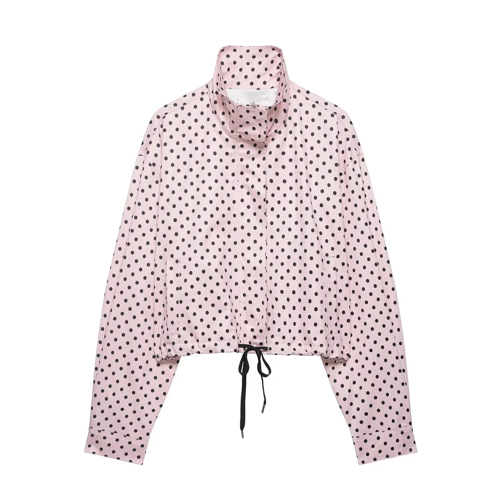 HH Fashion Women's Polka Dot Print Short Coats Autumn Long Sleeves Turtleneck Zipper With Pockets Drawstring Casual Jacket