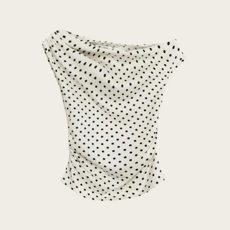 Summer Korean Style Retro Ivory Black Polka Dot Slim Fit Short-Sleeved Off-The-Shoulder T-Shirt