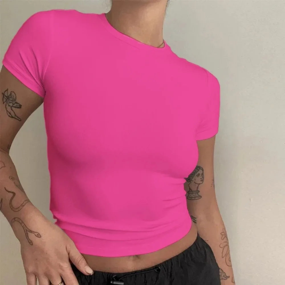 Woman Clothing Short Sleeve T-shirt Slim Fit Tops Female O-Neck Knitted Sheath Tee Shirt Street Wear Sex Sporty 2026 Y2K New2410