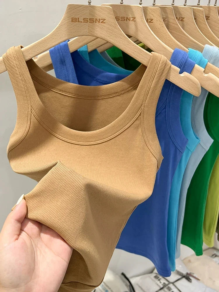 zjaiss Women Solid Round Neck Ribbed Tank Top Camisole Women 2026 Summer Basic Elastic Tank Top O Neck Solid Tank Top
