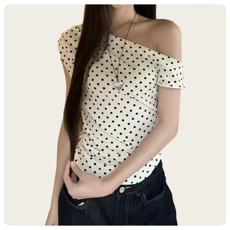 Summer Korean Style Retro Ivory Black Polka Dot Slim Fit Short-Sleeved Off-The-Shoulder T-Shirt