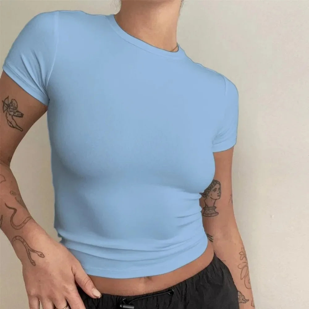 Woman Clothing Short Sleeve T-shirt Slim Fit Tops Female O-Neck Knitted Sheath Tee Shirt Street Wear Sex Sporty 2026 Y2K New2410
