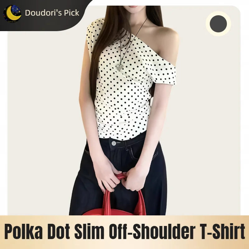Summer Korean Style Retro Ivory Black Polka Dot Slim Fit Short-Sleeved Off-The-Shoulder T-Shirt