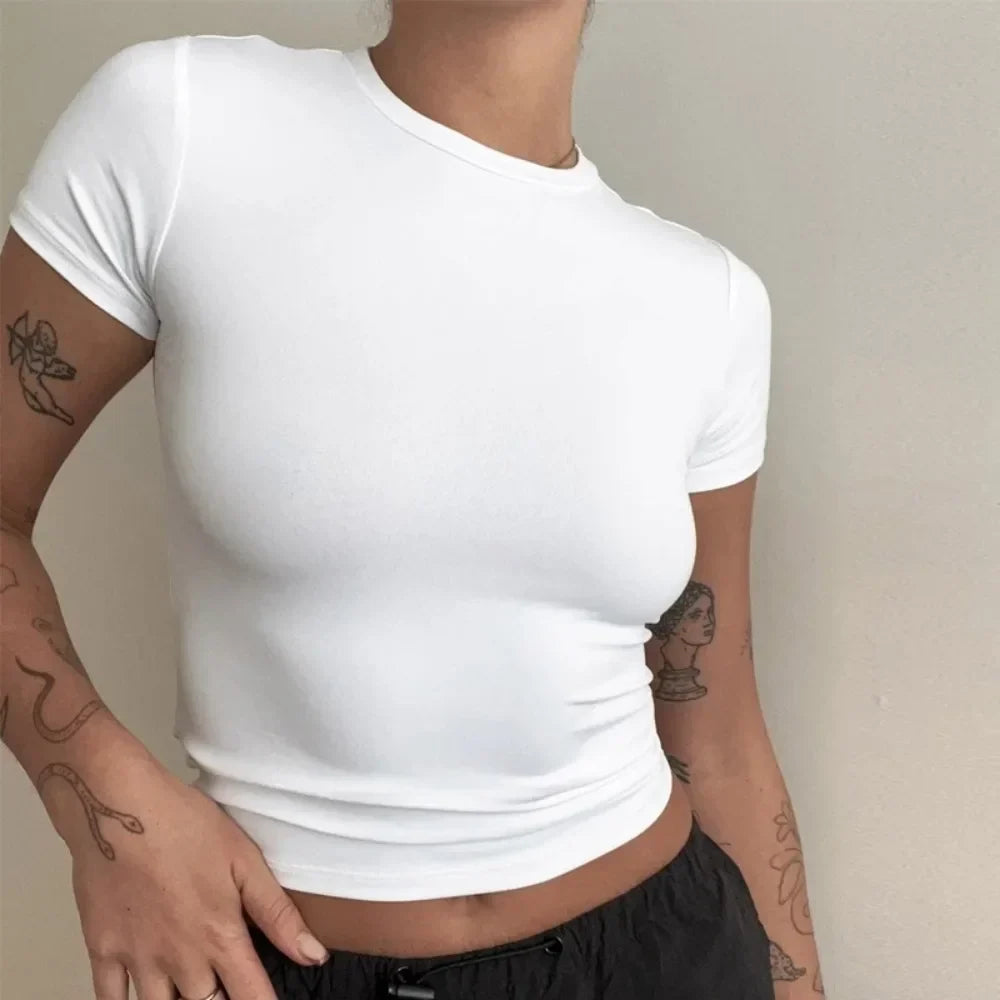 Woman Clothing Short Sleeve T-shirt Slim Fit Tops Female O-Neck Knitted Sheath Tee Shirt Street Wear Sex Sporty 2026 Y2K New2410