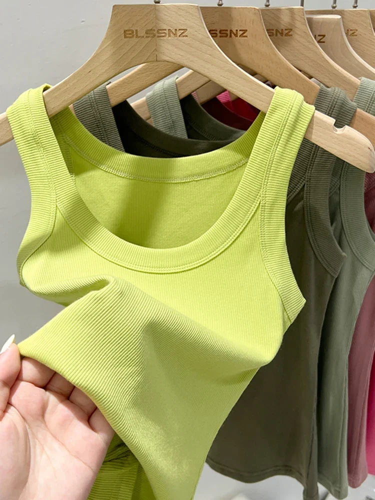 zjaiss Women Solid Round Neck Ribbed Tank Top Camisole Women 2026 Summer Basic Elastic Tank Top O Neck Solid Tank Top