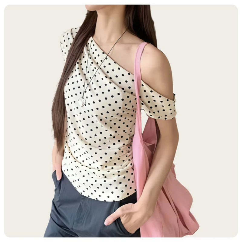 Summer Korean Style Retro Ivory Black Polka Dot Slim Fit Short-Sleeved Off-The-Shoulder T-Shirt